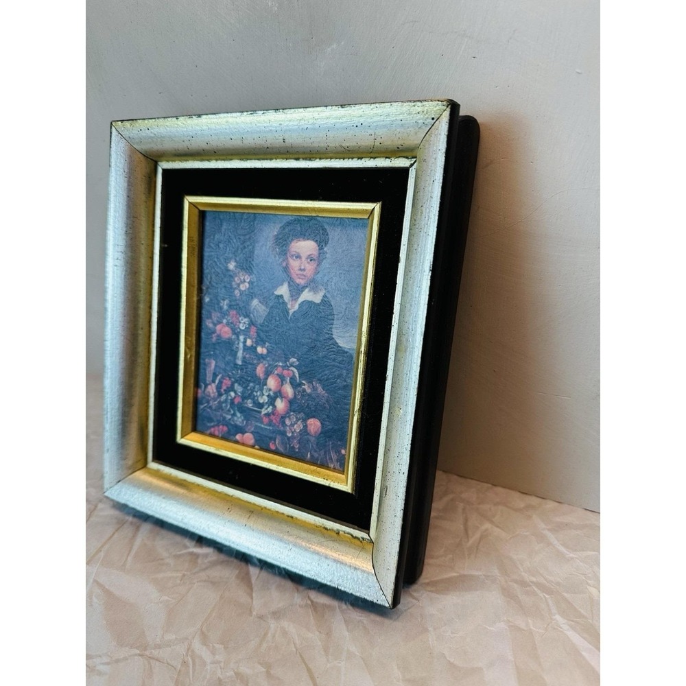 vintage 1970s silver leaf framed 'boy with still life' lithograph 8x7 - Picture 2 of 10